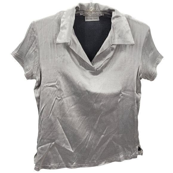 Anchor‎ Blue Shimmery Gray Stretchy Short Sleeve Blouse Top Cybercore - Picture 1 of 9